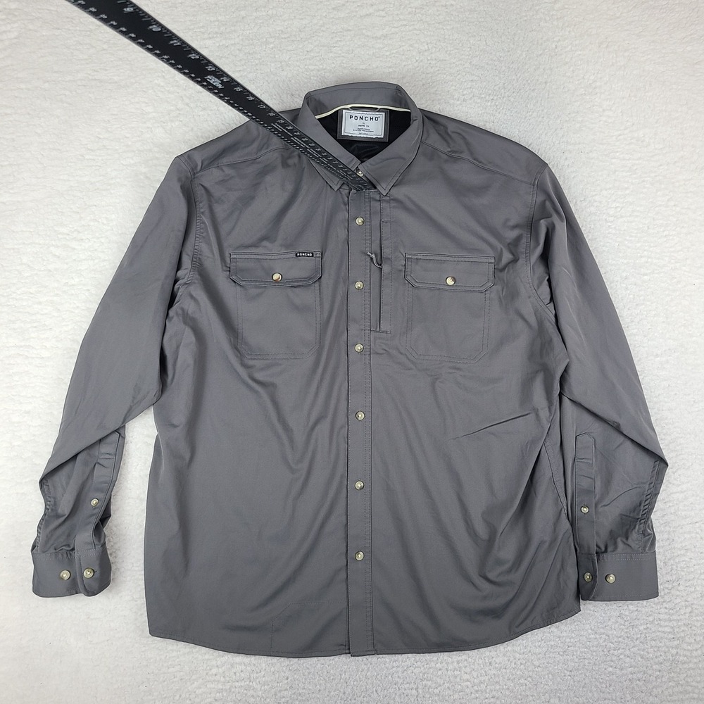 PONCHO Shirt Mens XL Dark Gray Solid Regular Fit Magnetic Pockets Button Up